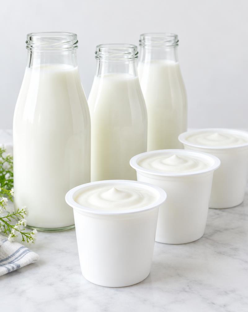 Glass milk bottles and plain yogurt cups
