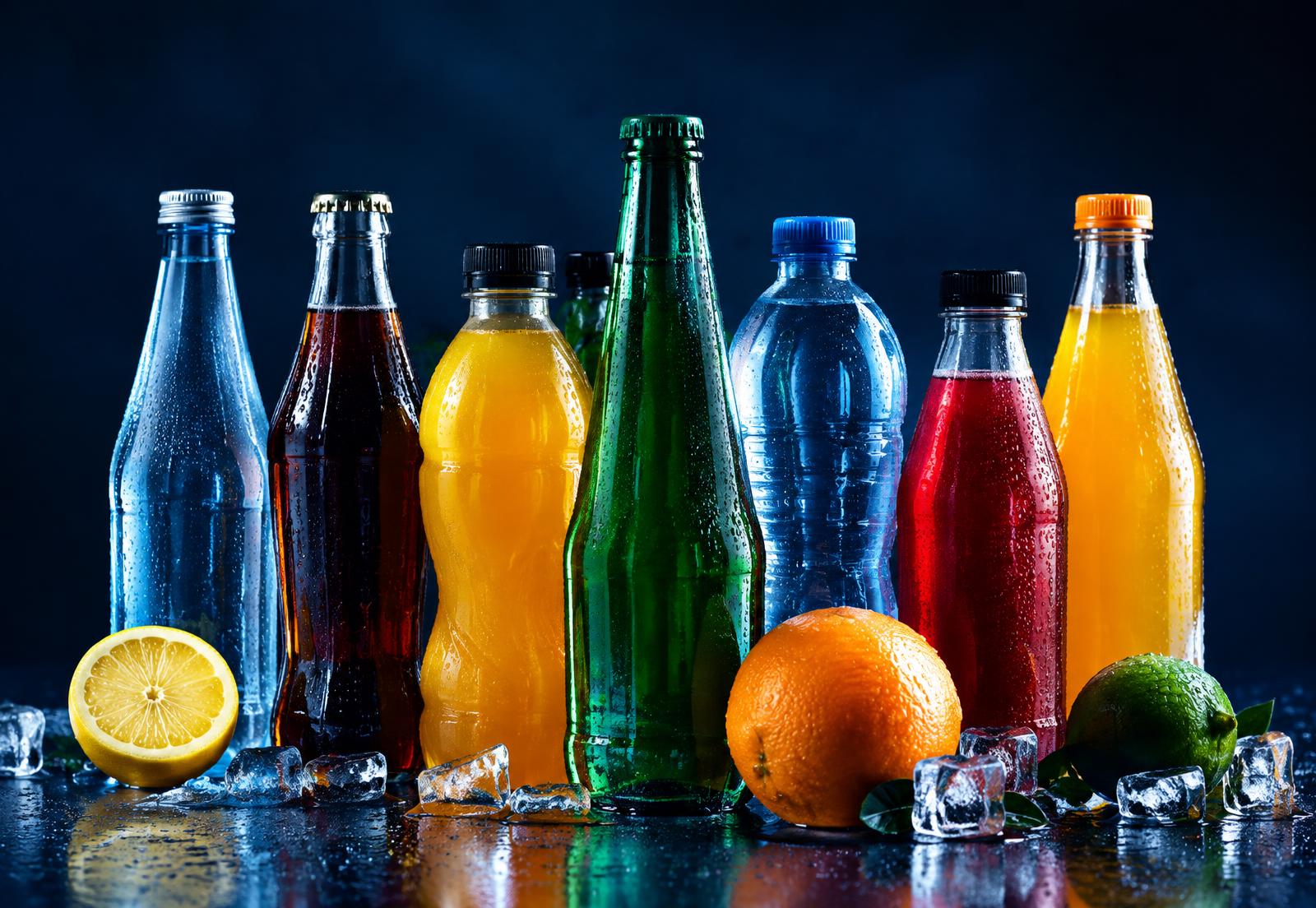 Assortment of unlabeled water, juice and soft drink bottles with citrus fruit