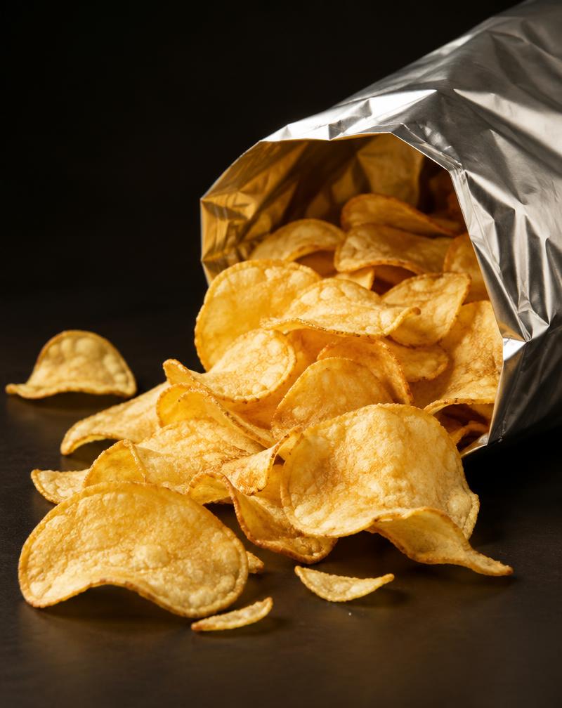 Potato chips spilling from a plain foil bag