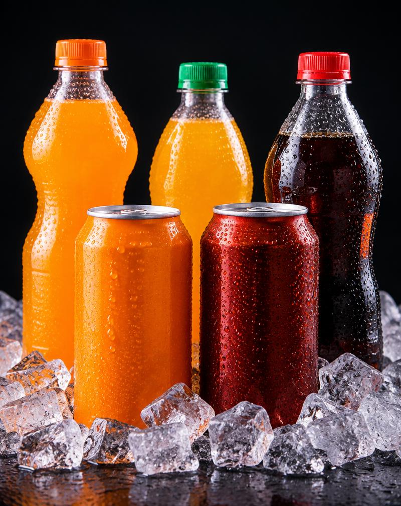 Unlabeled soft drink bottles and cans on ice