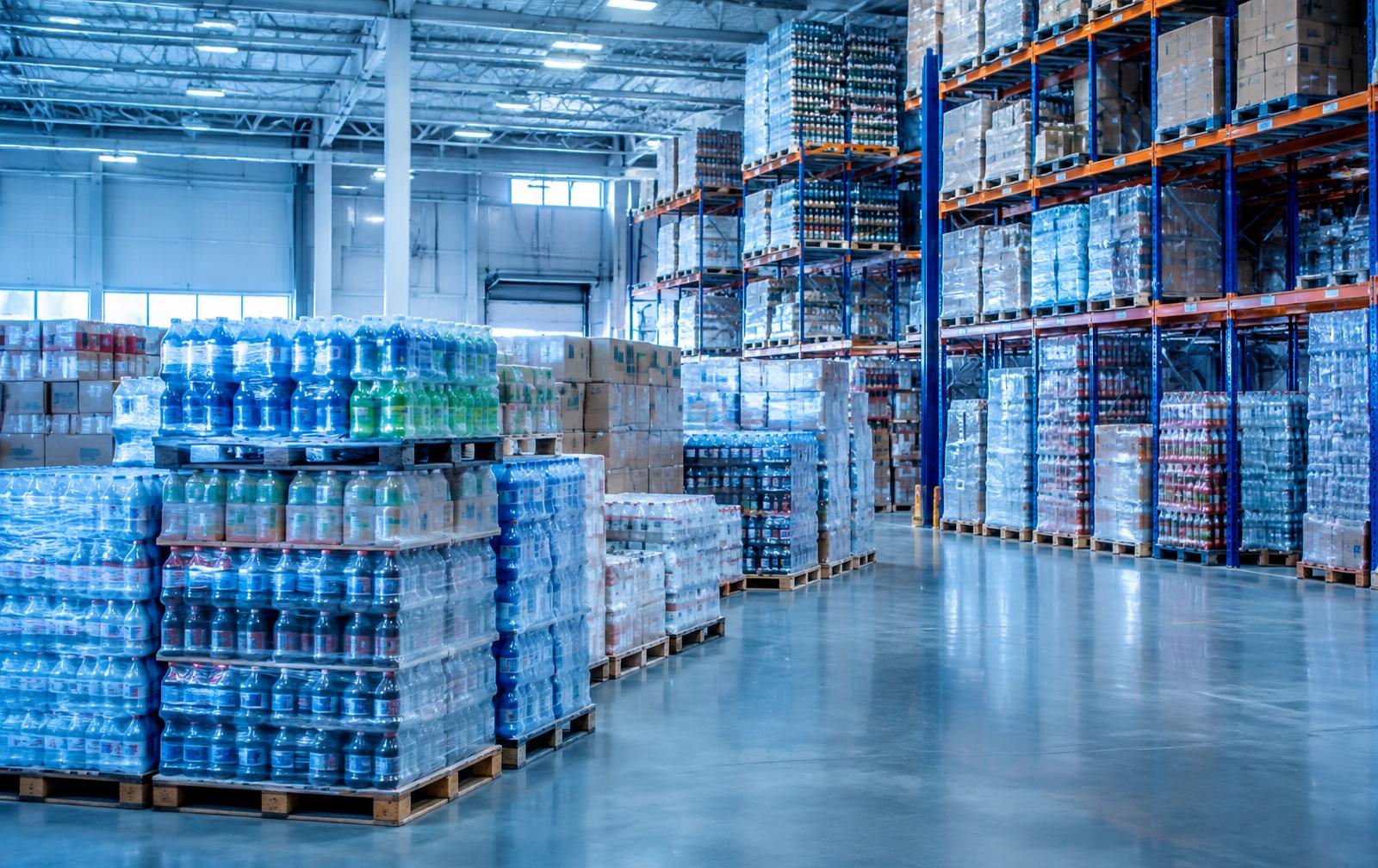 Pallets of packaged goods in a distribution warehouse
